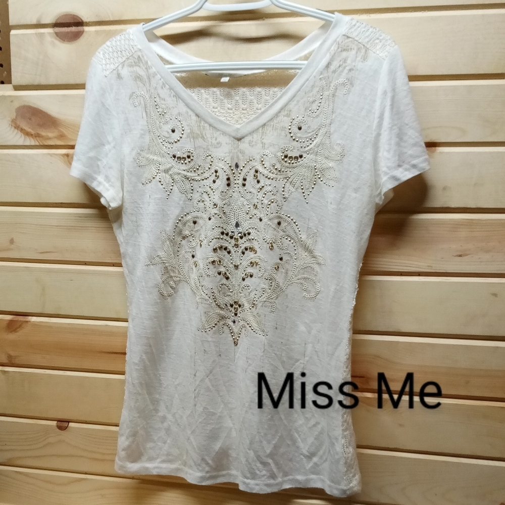 Miss Me embellished cream shirt with open weave knit back, small